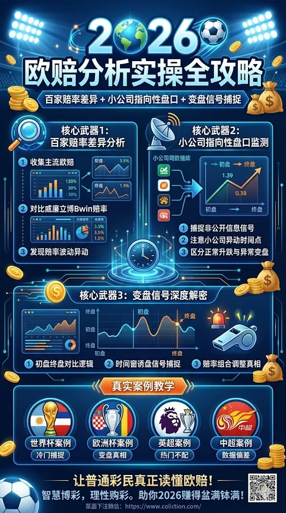 2026欧赔分析实操全攻略：百家赔率差异 + 小公司指向性盘口 + 变盘信号，让普通彩民真正读懂欧赔（世界杯欧洲杯英超中超真实案例教学）