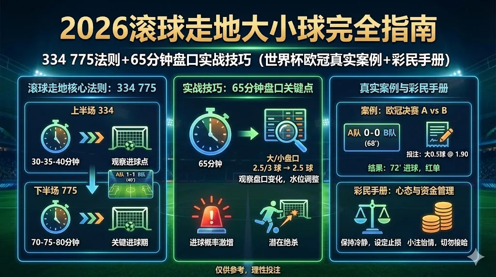 2026滚球走地大小球完全指南：334 775法则+65分钟盘口实战技巧（世界杯欧冠真实案例+彩民手册）