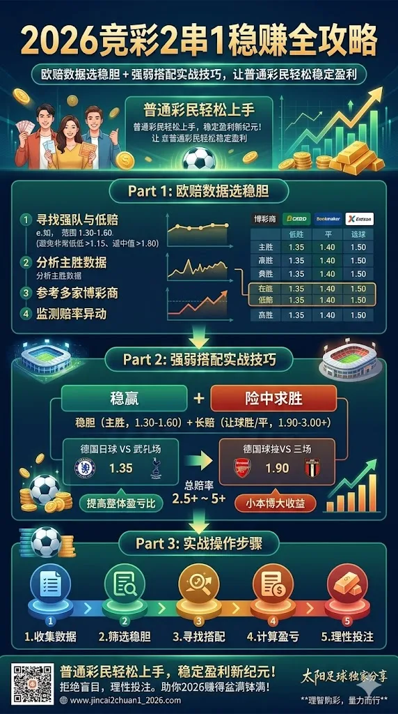 2026竞彩2串1稳赚全攻略：欧赔数据选稳胆 + 强弱搭配实战技巧，让普通彩民轻松稳定盈利