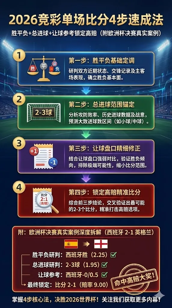 2026竞彩单场比分4步速成法：胜平负+总进球+让球参考锁定高赔（附欧洲杯决赛真实案例）