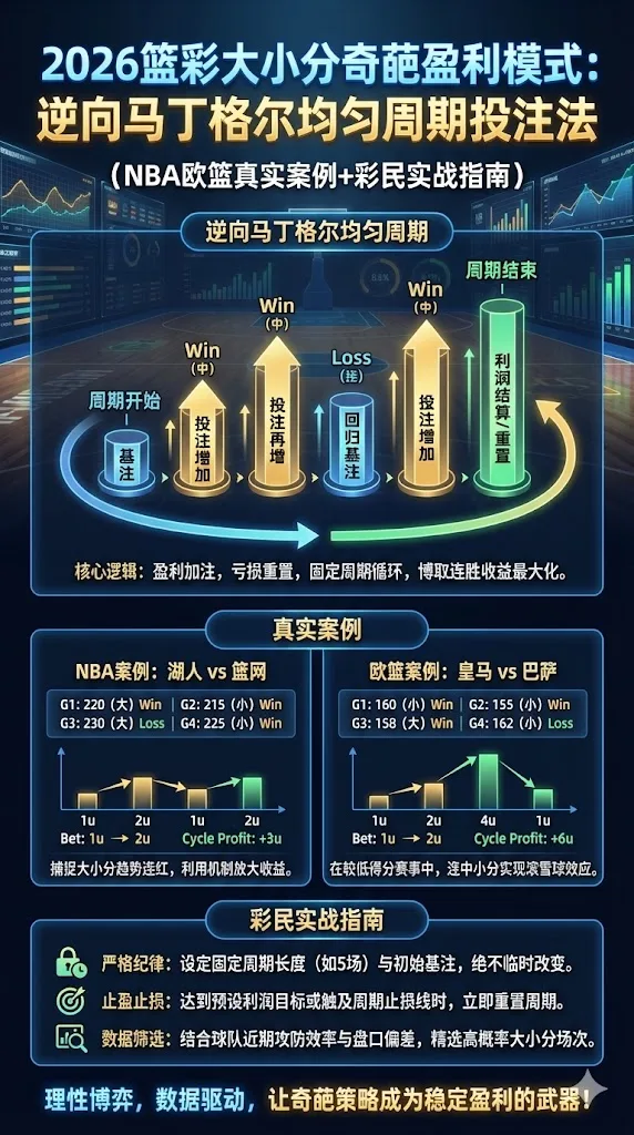 2026篮彩大小分奇葩盈利模式：逆向马丁格尔均匀周期投注法（NBA欧篮真实案例+彩民实战指南）