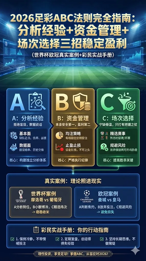 2026足彩ABC法则完全指南：分析经验+资金管理+场次选择三招稳定盈利（世界杯欧冠真实案例+彩民实战手册）