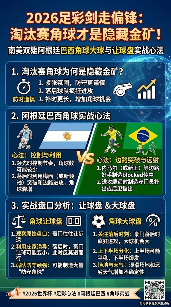 2026足彩剑走偏锋：淘汰赛角球才是隐藏金矿！南美双雄阿根廷巴西角球大球与让球盘实战心法