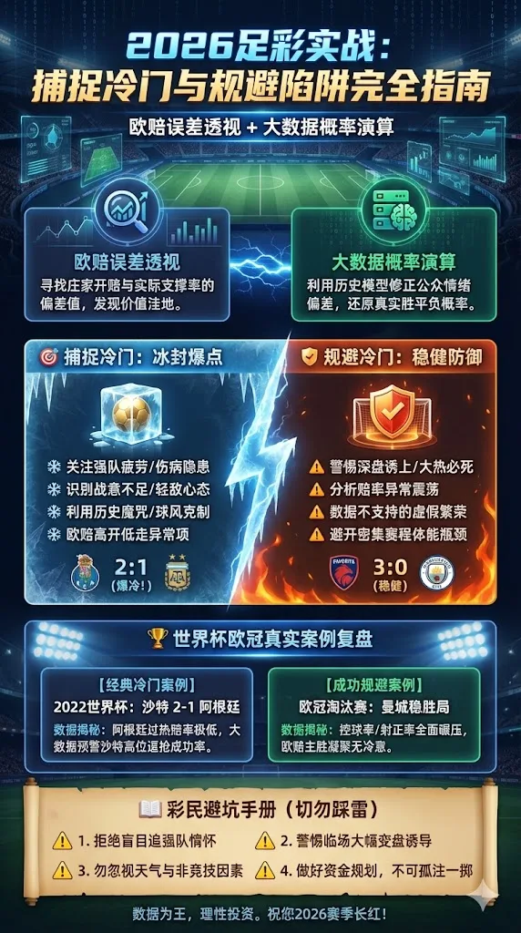 2026足彩捕捉冷门与规避冷门完全指南：欧赔误差+大数据概率实战方法（世界杯欧冠真实案例+彩民避坑手册）