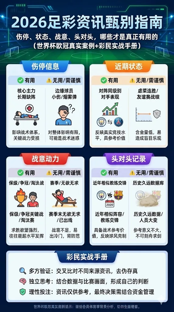 2026足彩资讯甄别指南：伤停状态战意头对头哪些才是真正有用的（世界杯欧冠真实案例+彩民实战手册）