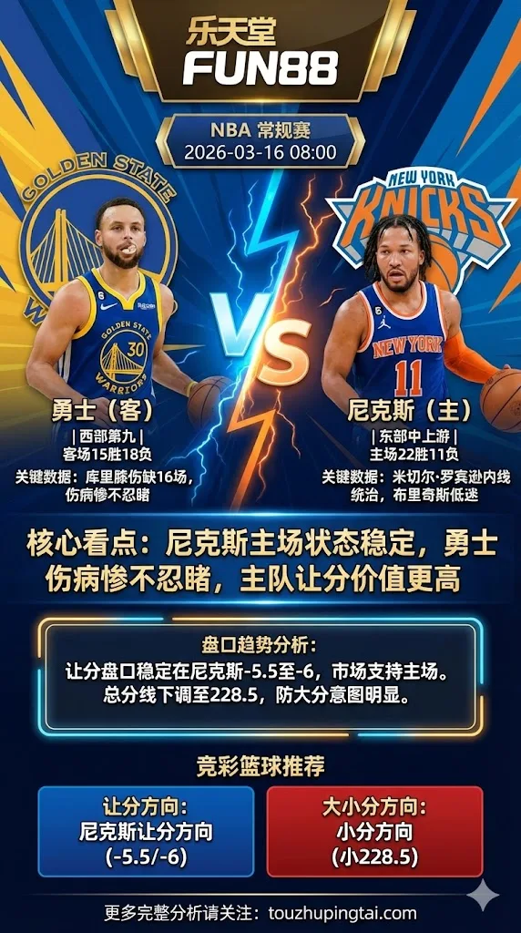 NBA常规赛 勇士 vs 尼克斯 尼克斯主场状态稳定 勇士伤病惨不忍睹 主队让分价值更高