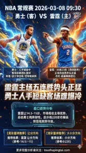 NBA常规赛 勇士 vs 雷霆 雷霆主场五连胜势头正猛 勇士人手短缺客场难爆冷 主队让分价值更高