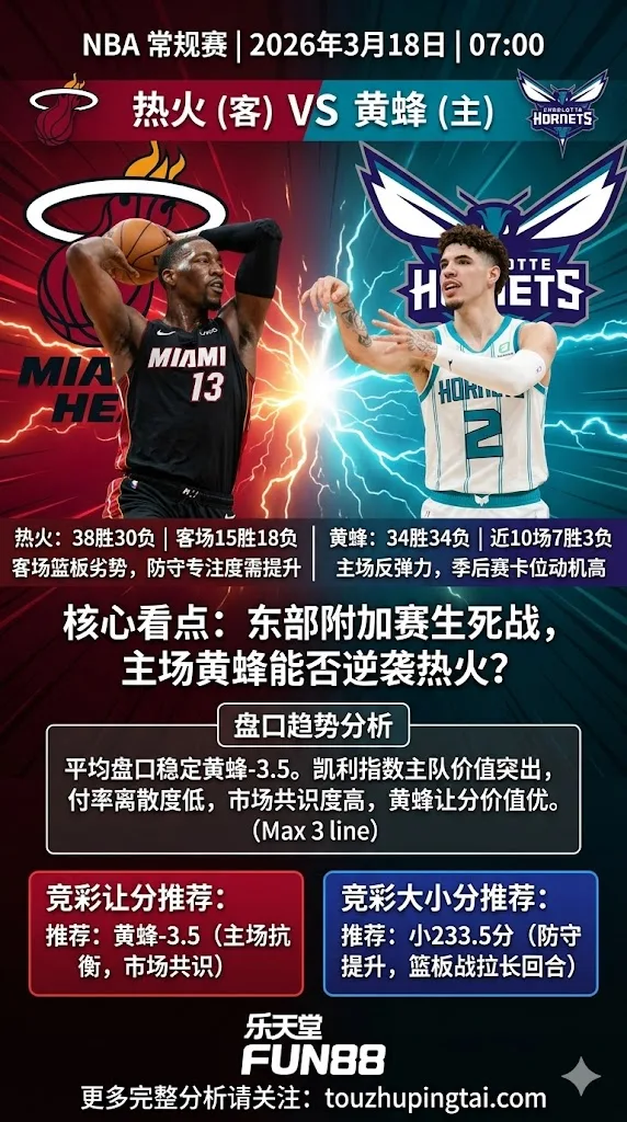 NBA常规赛 热火 vs 黄蜂 黄蜂主场卡位战动机拉满，盘口稳定支持主胜覆盖让分