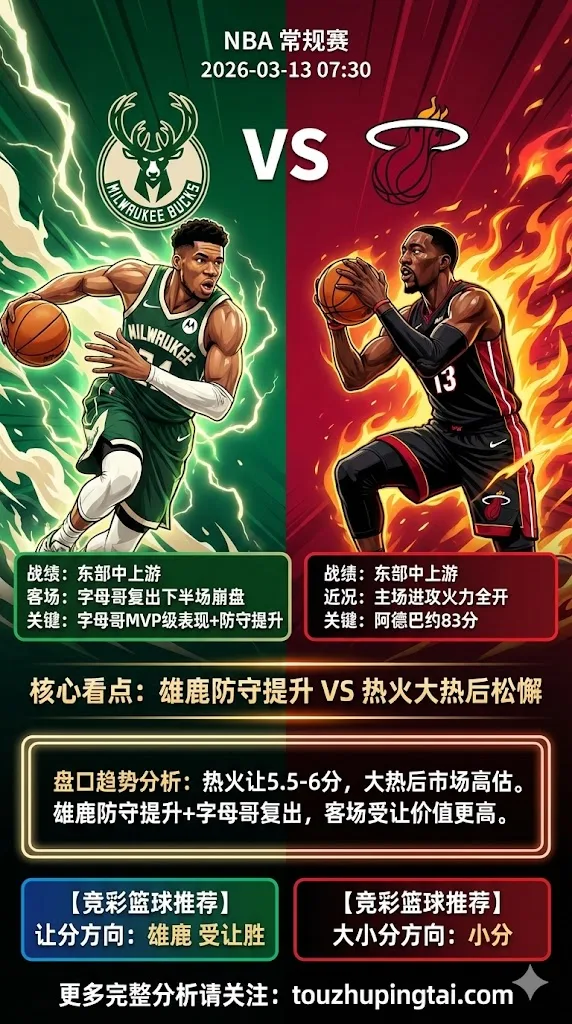 NBA常规赛 雄鹿 vs 热火 雄鹿防守强度提升+字母哥MVP级表现 热火大热后不值得高估 客队受让价值更高