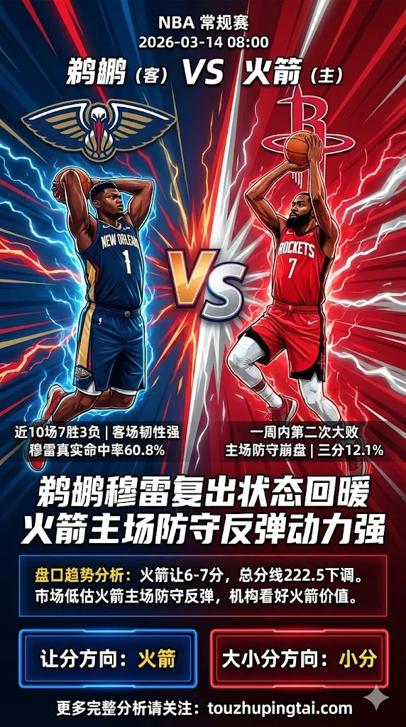 NBA常规赛 鹈鹕 vs 火箭 火箭主场防守反弹动力强 鹈鹕穆雷复出状态回暖 客队受让价值更高