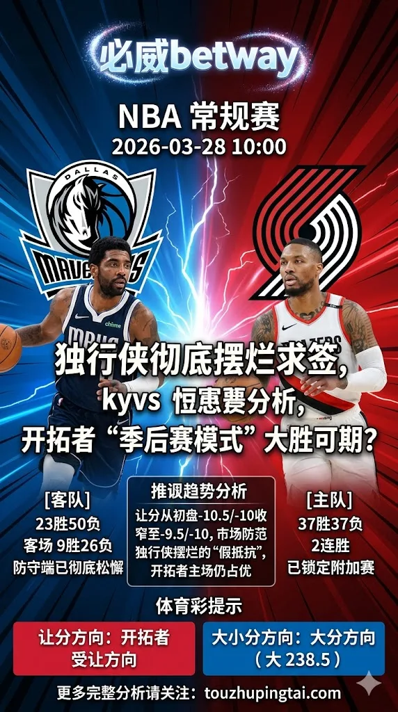 NBA常规赛 独行侠 vs 开拓者 独行侠5连败摆烂求签 开拓者2连胜主场让分价值凸显