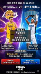 NBA常规赛 湖人 vs 魔术 湖人八连胜背靠背易回调 魔术主场高度对位不惧盘口受让更有价值