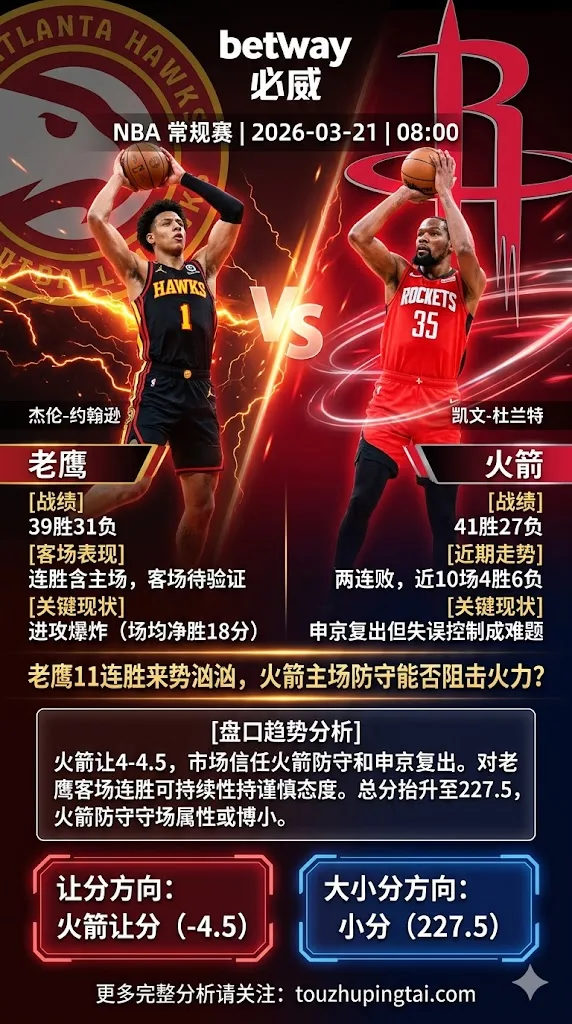 NBA常规赛 老鹰 vs 火箭 老鹰11连胜来势汹汹 火箭主场防守有望阻击连胜