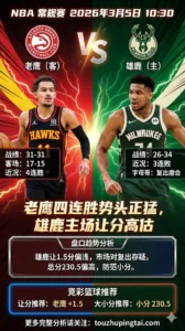 NBA常规赛 老鹰 vs 雄鹿 老鹰四连胜势头正猛 雄鹿主场让分高估 客队受让价值更高
