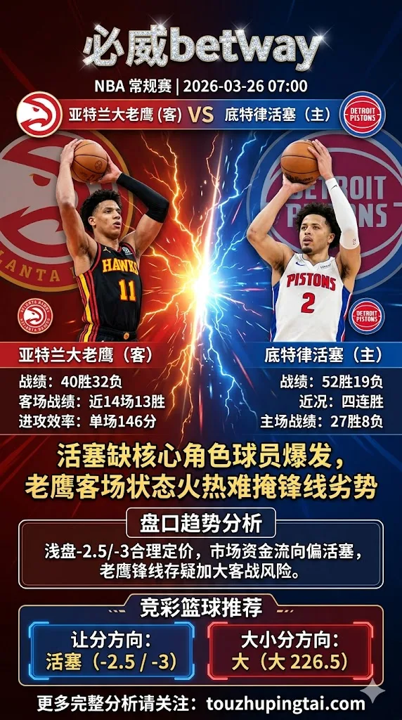NBA常规赛 老鹰 vs 活塞 活塞四连胜角色球员爆发主场浅盘更稳 老鹰客场火热状态难掩锋线劣势