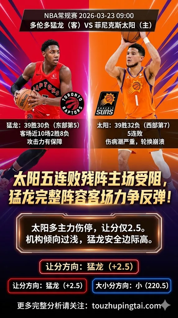 NBA常规赛 猛龙 vs 太阳 太阳五连败+核心伤停轮换崩盘 猛龙客场反弹让分价值明显