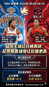 NBA常规赛 尼克斯 vs 猛龙 猛龙主场让分被高估 尼克斯客场受让价值更高
