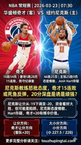 NBA常规赛 奇才 vs 尼克斯 尼克斯让分拉到20分态度隐患大 奇才连败期或顽强cover