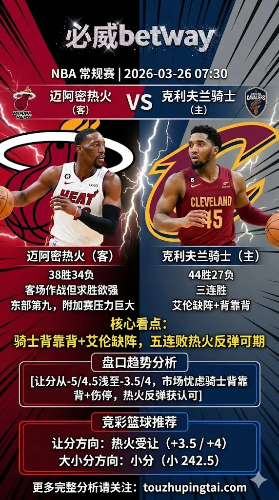 NBA常规赛 热火 vs 骑士 骑士背靠背艾伦缺阵热火五连败反弹可期 浅盘客队价值更高