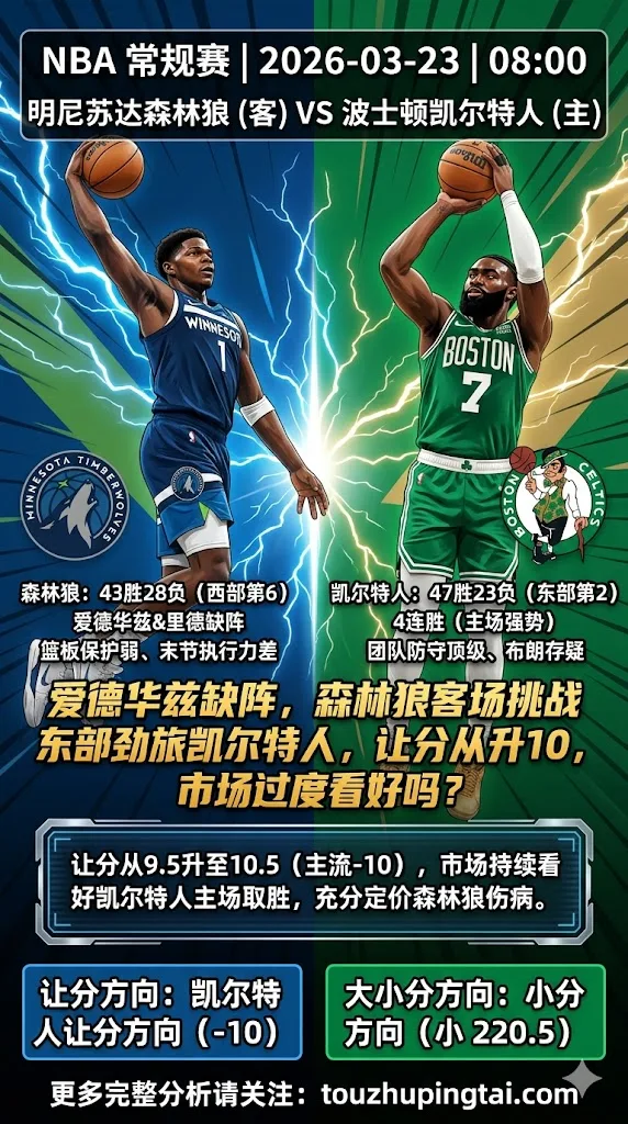 NBA常规赛 森林狼 vs 凯尔特人 凯尔特人让分升至10森林狼缺爱德华兹主场难cover