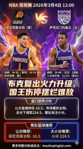 NBA常规赛 太阳 vs 国王 太阳布克复出火力升级国王伤停摆烂难敌，盘口深让太阳稳吃分