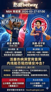 NBA常规赛 鹈鹕 vs 活塞 活塞背靠背+内线伤病疑云 盘口偏向鹈鹕客场覆盖让分