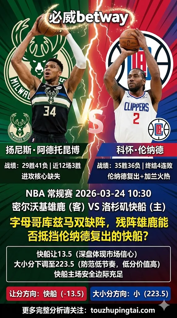 NBA常规赛 雄鹿 vs 快船 字母哥库兹马双缺阵 快船伦纳德复出主场让13.5更稳吃分