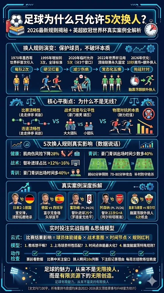 足球为什么只允许5次换人？2026最新规则揭秘+英超欧冠世界杯真实案例全解析