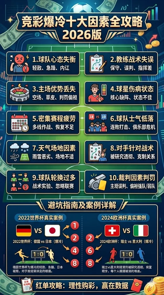竞彩爆冷十大因素全攻略2026版：心态教练主场球星十大实战避坑指南（2024欧洲杯2022世界杯真实案例详解）