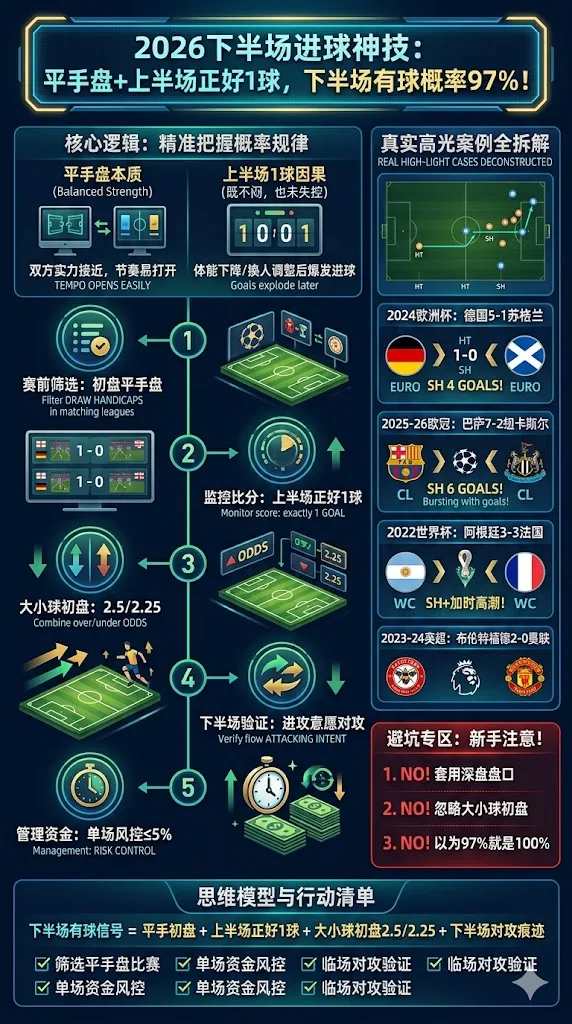 2026下半场进球神技：平手盘 + 上半场正好1球，下半场有球概率97%！真实欧冠英超世界杯案例+5步实操打法