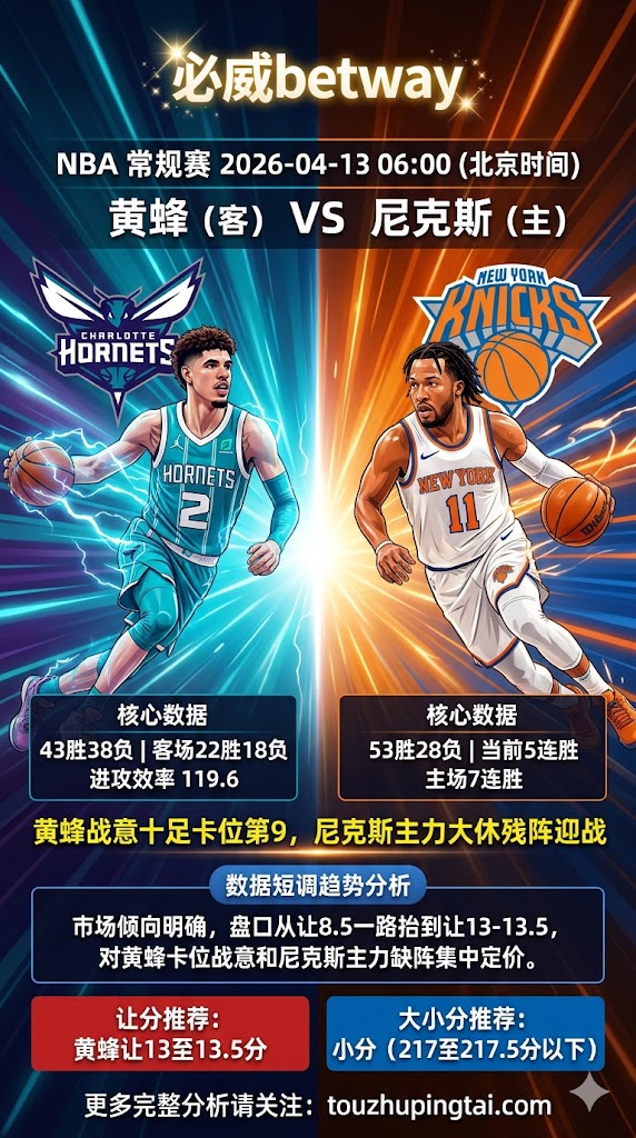 NBA常规赛 黄蜂 vs 尼克斯 黄蜂让分方向更顺势
