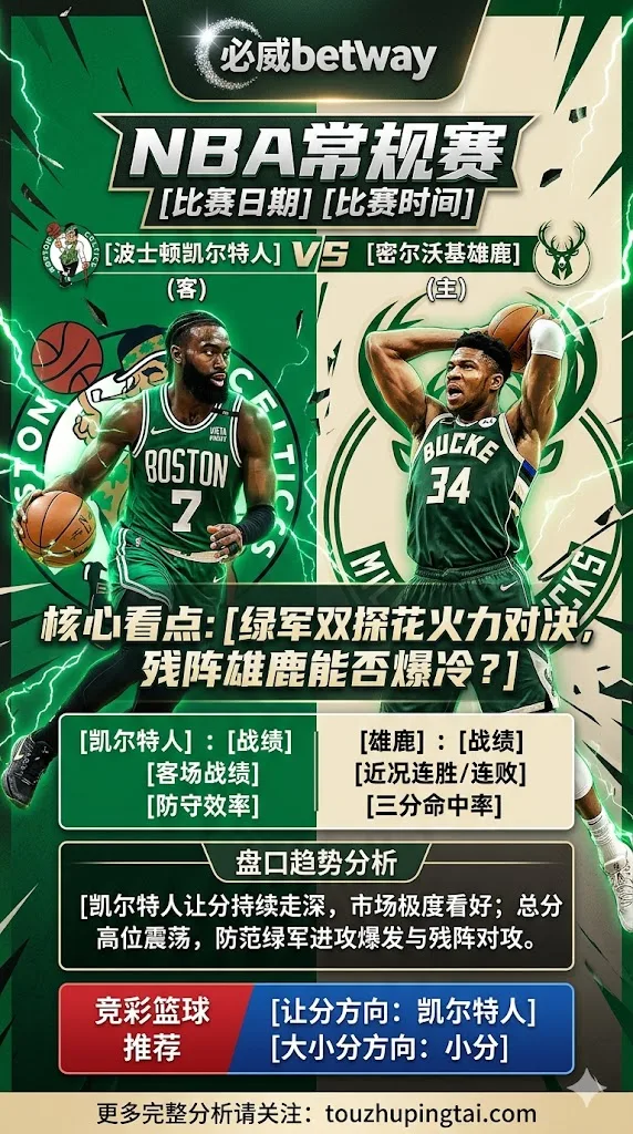 NBA 常规赛 凯尔特人 vs 雄鹿 绿军阵容齐整火力全开，雄鹿残阵难挡东部次席攻势