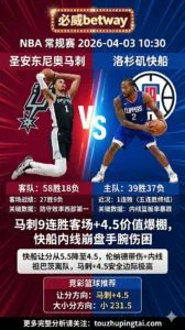 NBA常规赛 马刺 vs 快船 快船让分走浅+内线崩盘 马刺9连胜客场+4.5价值爆棚