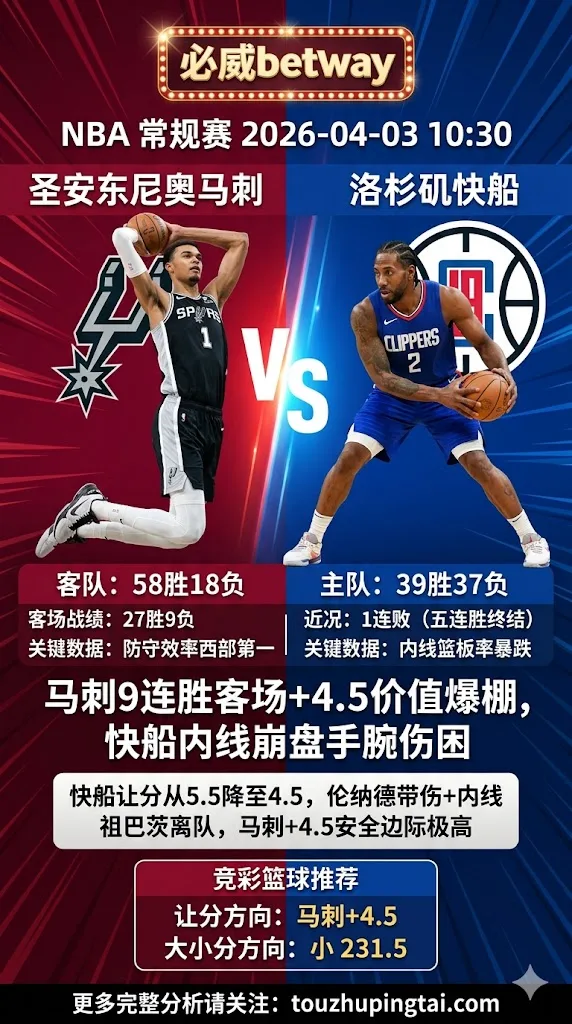 NBA常规赛 马刺 vs 快船 快船让分走浅+内线崩盘 马刺9连胜客场+4.5价值爆棚