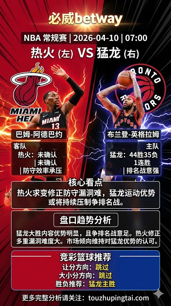 NBA常规赛 热火 vs 猛龙 比赛内容与对位条件继续偏向猛龙