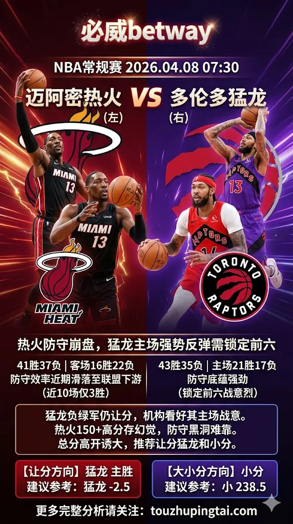 NBA常规赛 热火 vs 猛龙 猛龙主场强势而热火防守存疑 盘口倾向主队更胜一筹
