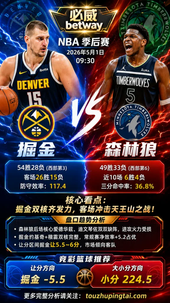 NBA季后赛 掘金 vs 森林狼 掘金让分承压但核心完整性更占优