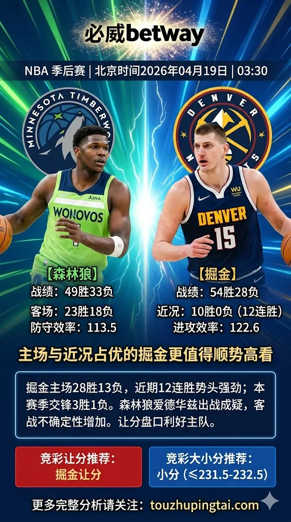 NBA季后赛 森林狼 vs 掘金 主场与近况占优的掘金更值得顺势高看