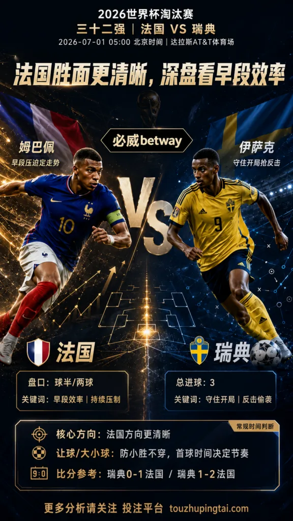 2026世界杯淘汰赛三十二强 法国 VS 瑞典：法国让步优势明显，早段效率决定深盘成色