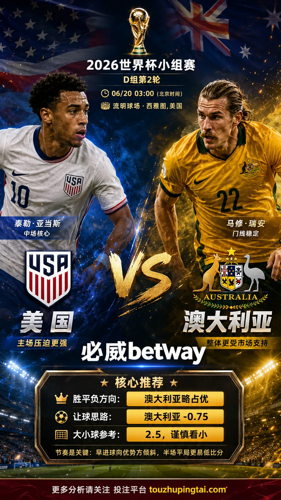 2026世界杯小组赛D组第2轮 美国 VS 澳大利亚：澳大利亚方向略占优，让球成败看节奏控制
