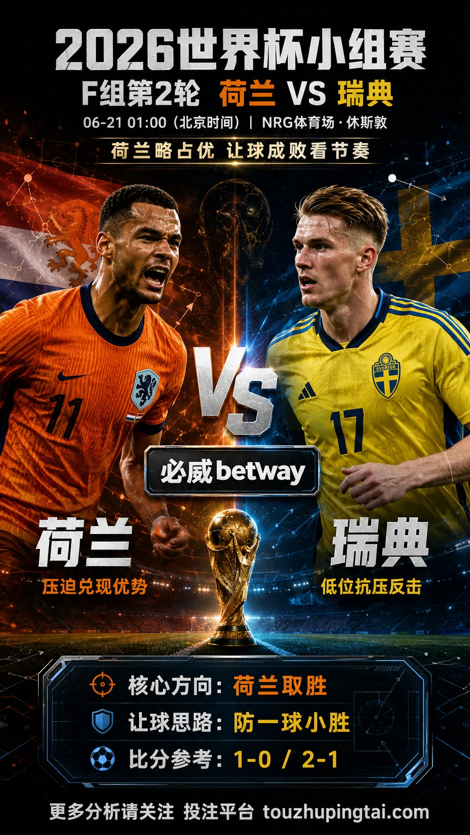 2026世界杯小组赛F组第2轮 荷兰 VS 瑞典:荷兰方向略占优,让球成败看节奏控制
