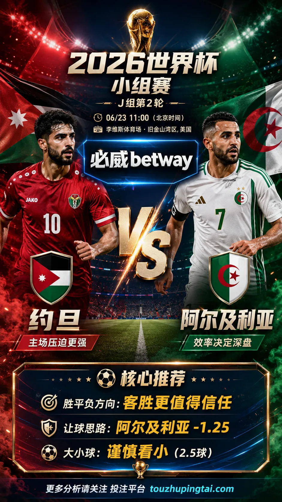 2026世界杯小组赛J组第2轮 约旦 VS 阿尔及利亚：阿尔及利亚优势更清晰，深盘成败看早段效率