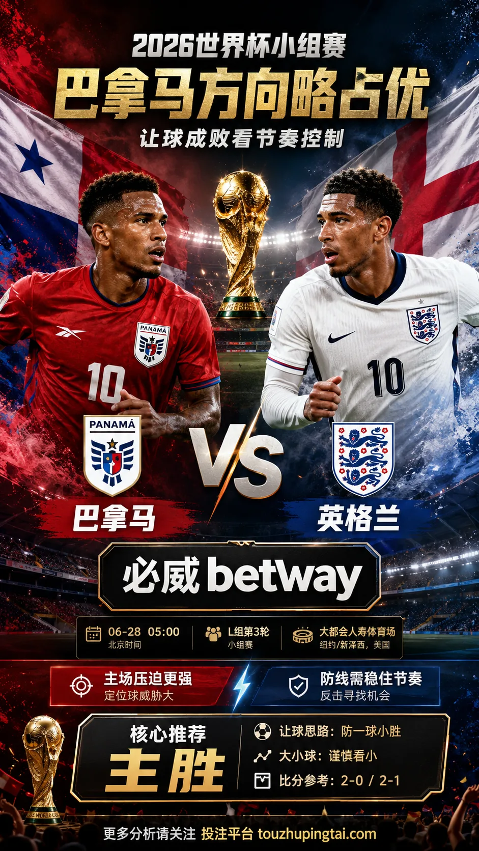 2026世界杯小组赛L组第3轮 巴拿马 VS 英格兰:巴拿马方向略占优,让球成败看节奏控制