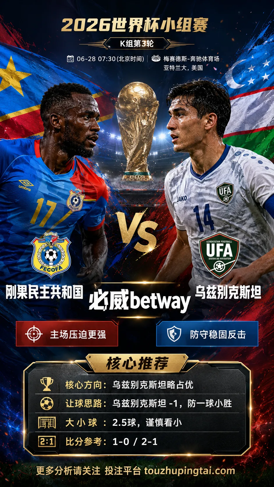 2026世界杯小组赛K组第3轮 刚果民主共和国 VS 乌兹别克斯坦:乌兹别克斯坦方向略占优,让球成败看节奏控制