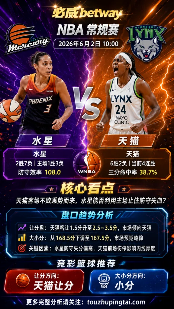 NBA常规赛 水星 vs 天猫 天猫客场让分热度占优但伤停风险不可忽视
