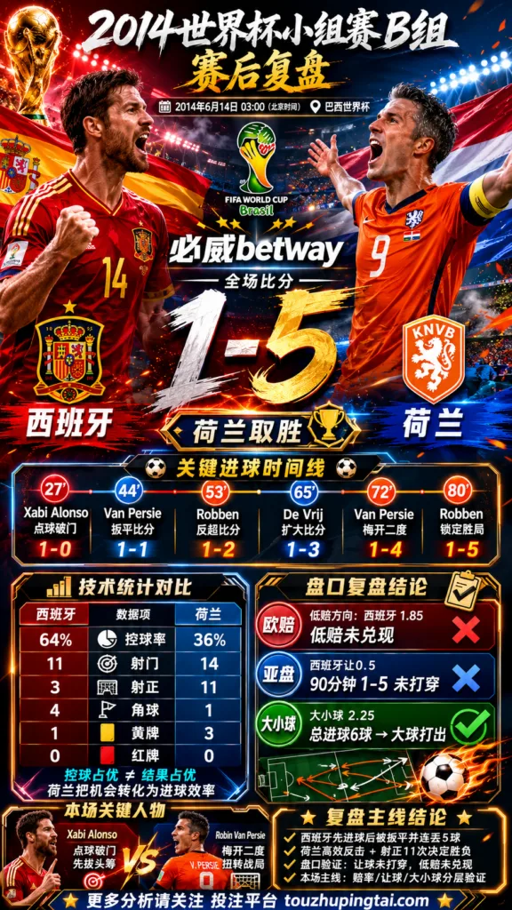 世界杯2014小组赛：西班牙 vs 荷兰 复盘｜西班牙先进球，荷兰完成结果反转