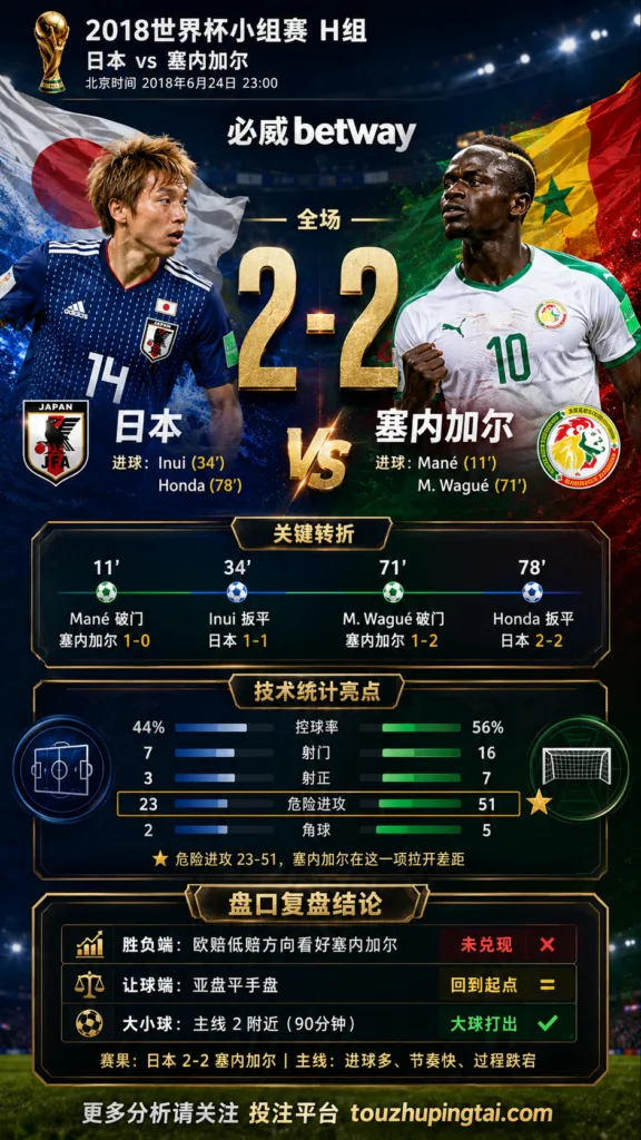 世界杯2018小组赛：日本 vs 塞内加尔 复盘｜2比2收场，低赔方向受阻
