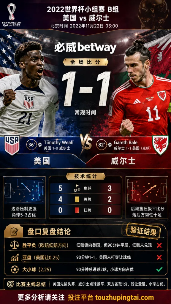 世界杯2022小组赛：美国 vs 威尔士 复盘｜1比1收场，低赔方向受阻